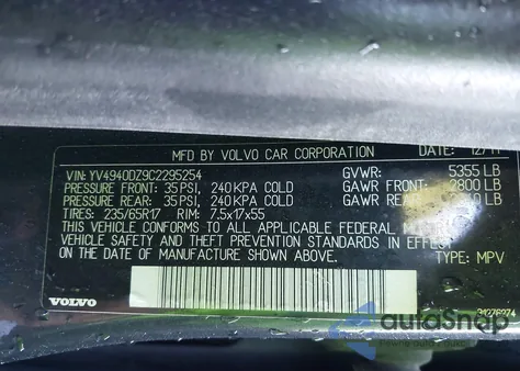 2012 Volvo Xc60 3.2/3.2 Platinum/3.2 Premier/3.2 Premier Plus z USA, uszkodzony, nr VIN YV4940DZ9C2295254